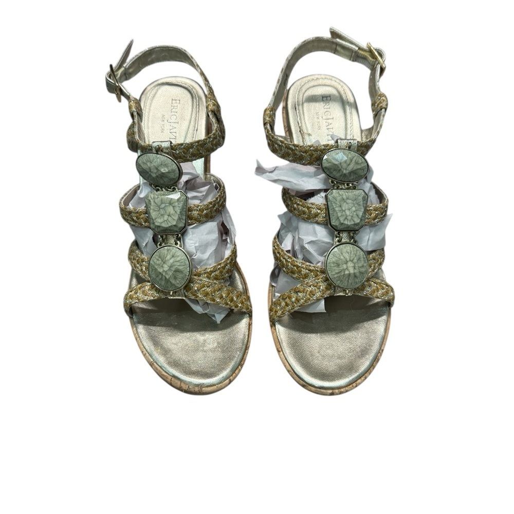 ERIC JAVITS Yogita in Nat Frost Braid Strappy Wedges Green and Gold 8.5